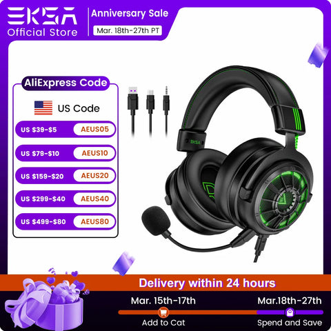 EKSA E5000 Pro Gaming Headphones for PC/PS4/Xbox/Switch, 7.1 Wired Headset Gamer with ENC Mic, USB/Type C/3.5mm Detachable Cable